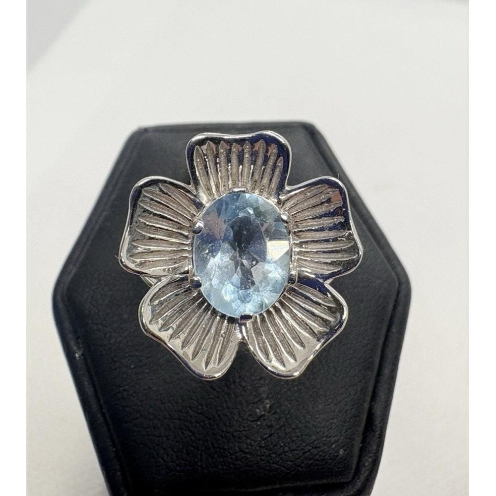Sterling Silver Blue Topaz Flower Ring Size 6.75 7 Signed 925 Floral Statement